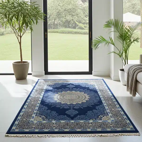 Blue Turkish carpet with a central medallion and ornate borders
