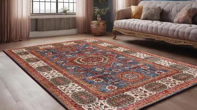 Blue and red turkish carpet with cream floral border in an elegant living room.
