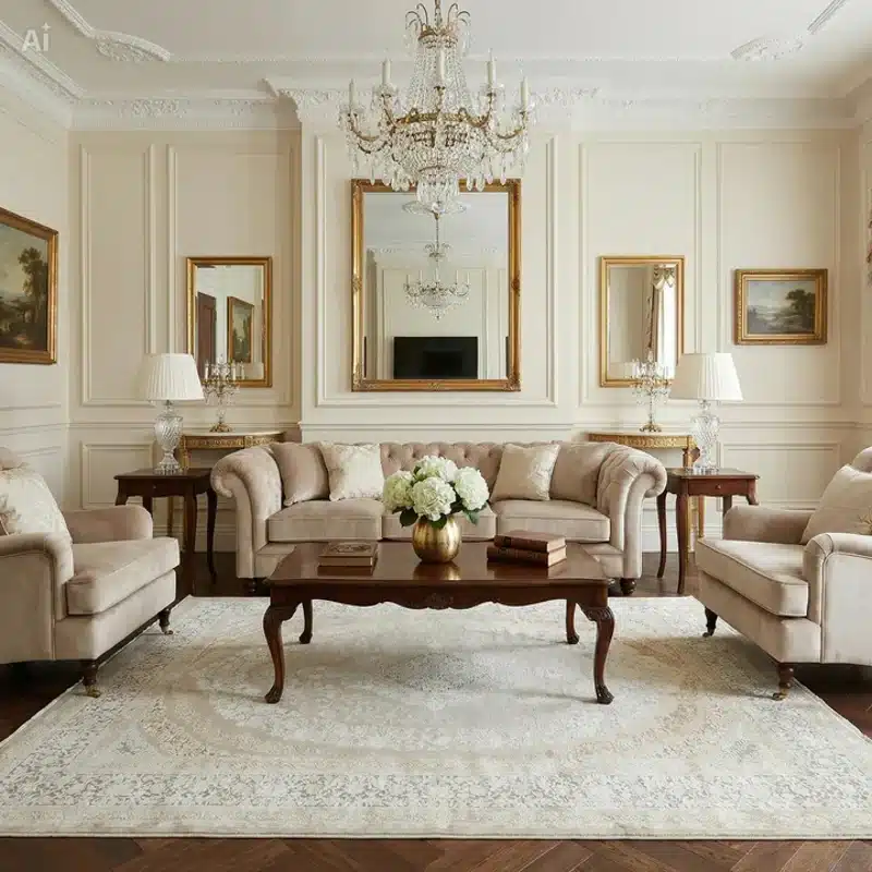Turkish carpet with subtle medallion pattern in an elegant, symmetric living room.