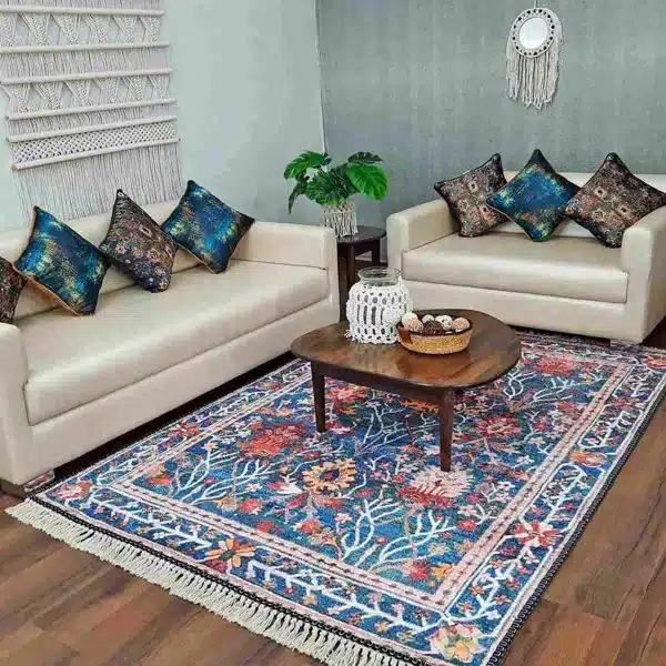 Turkish rug with vibrant red and white floral patterns in a modern living room.