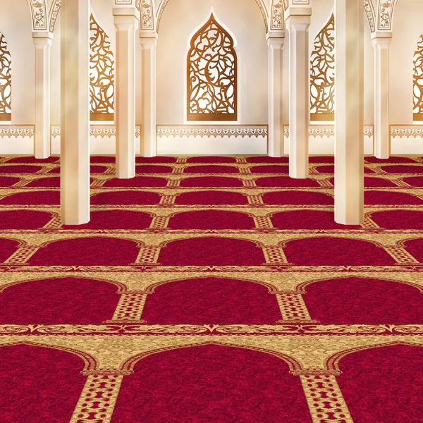 Red and gold mosque interior with columns